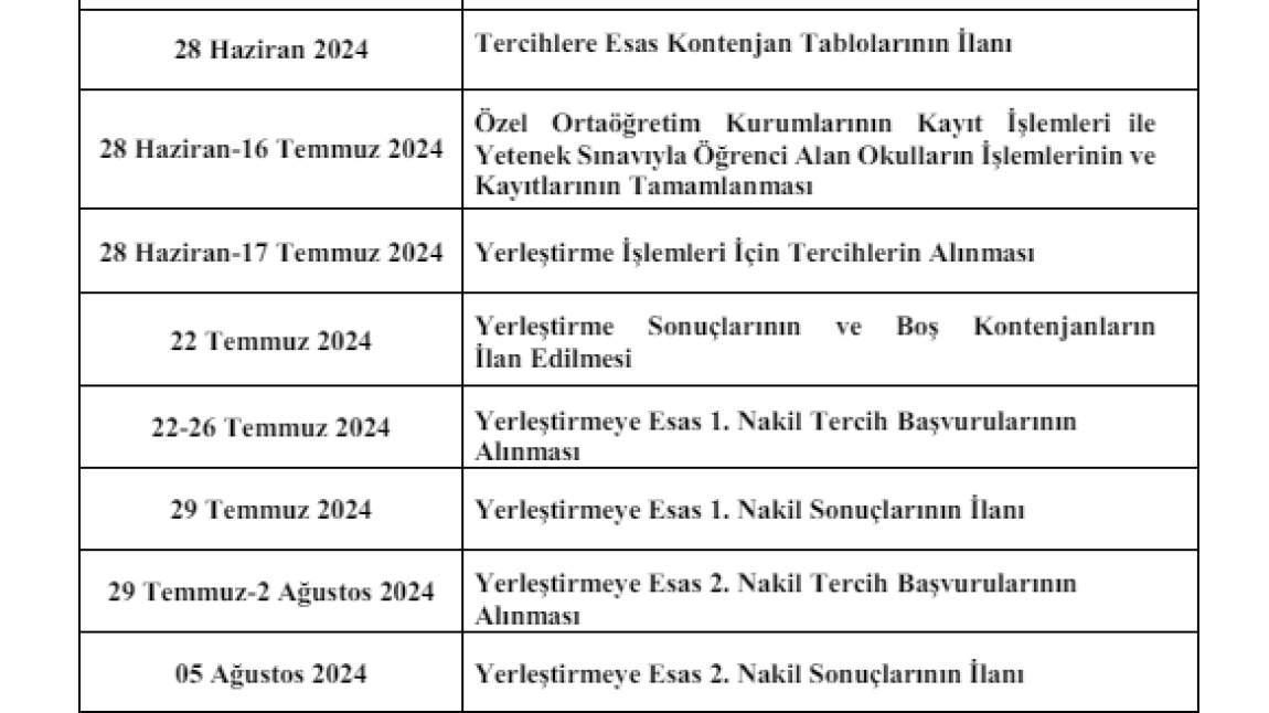 Liselere Tercih ve Yerleştirme Takvimi